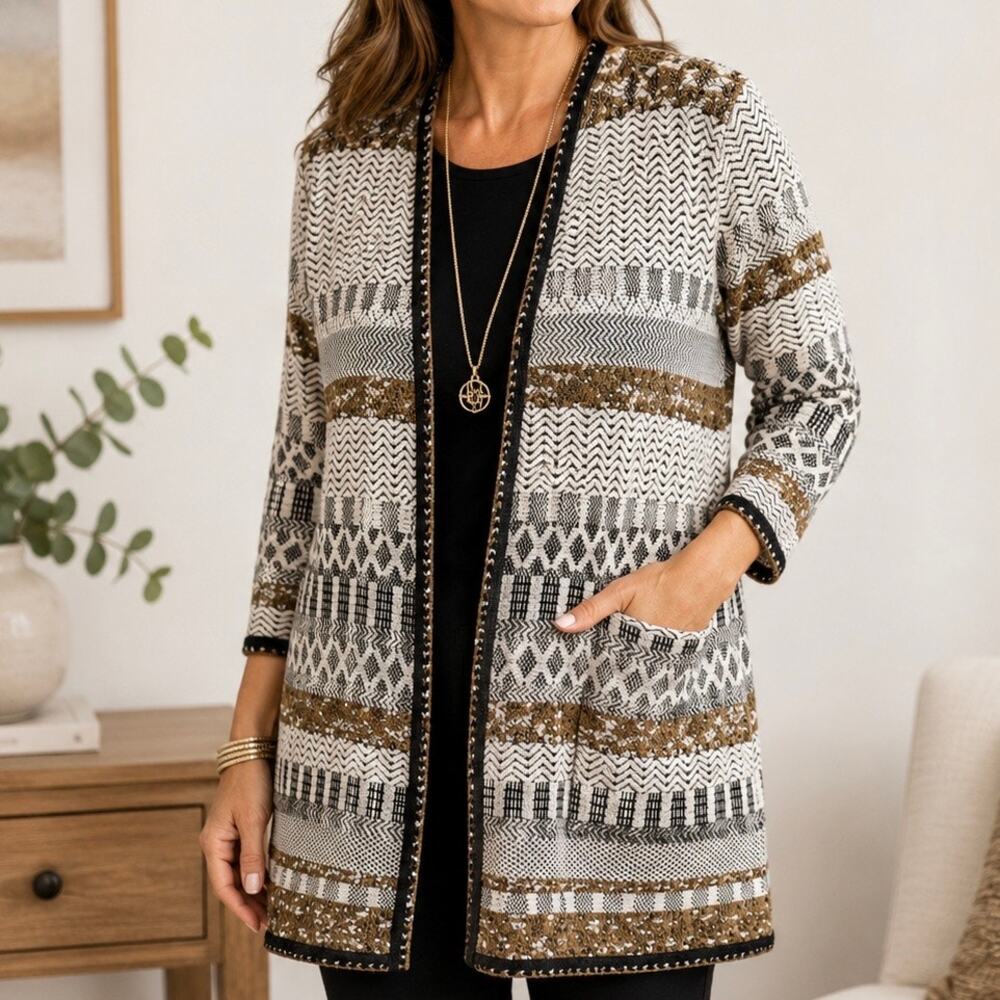CHICO'S | Patterned Open Front Cardigan Neutral Brown Black | Size 2 (12, Large)